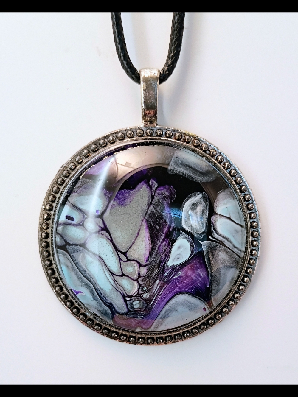 Hand Painted Silver-Tone Purple, Baby Blue White Abstract Pendant Necklace